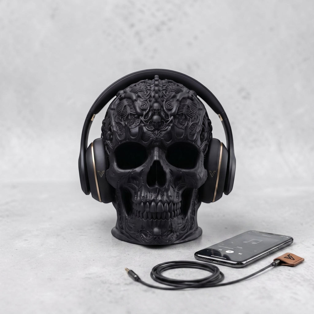 Gothic Skull Headphone Stand – Matte Black 3D Printed Gaming Decor