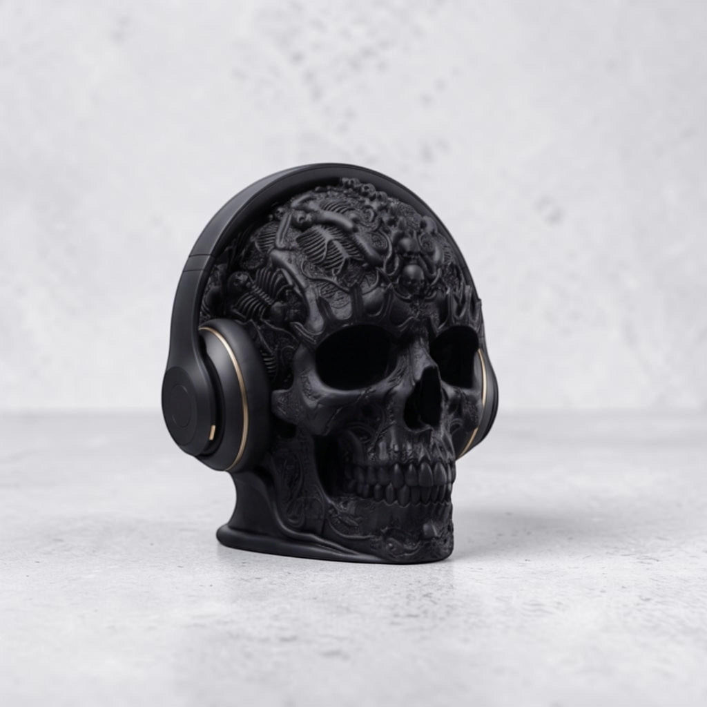 Gothic Skull Headphone Stand – Matte Black 3D Printed Gaming Decor