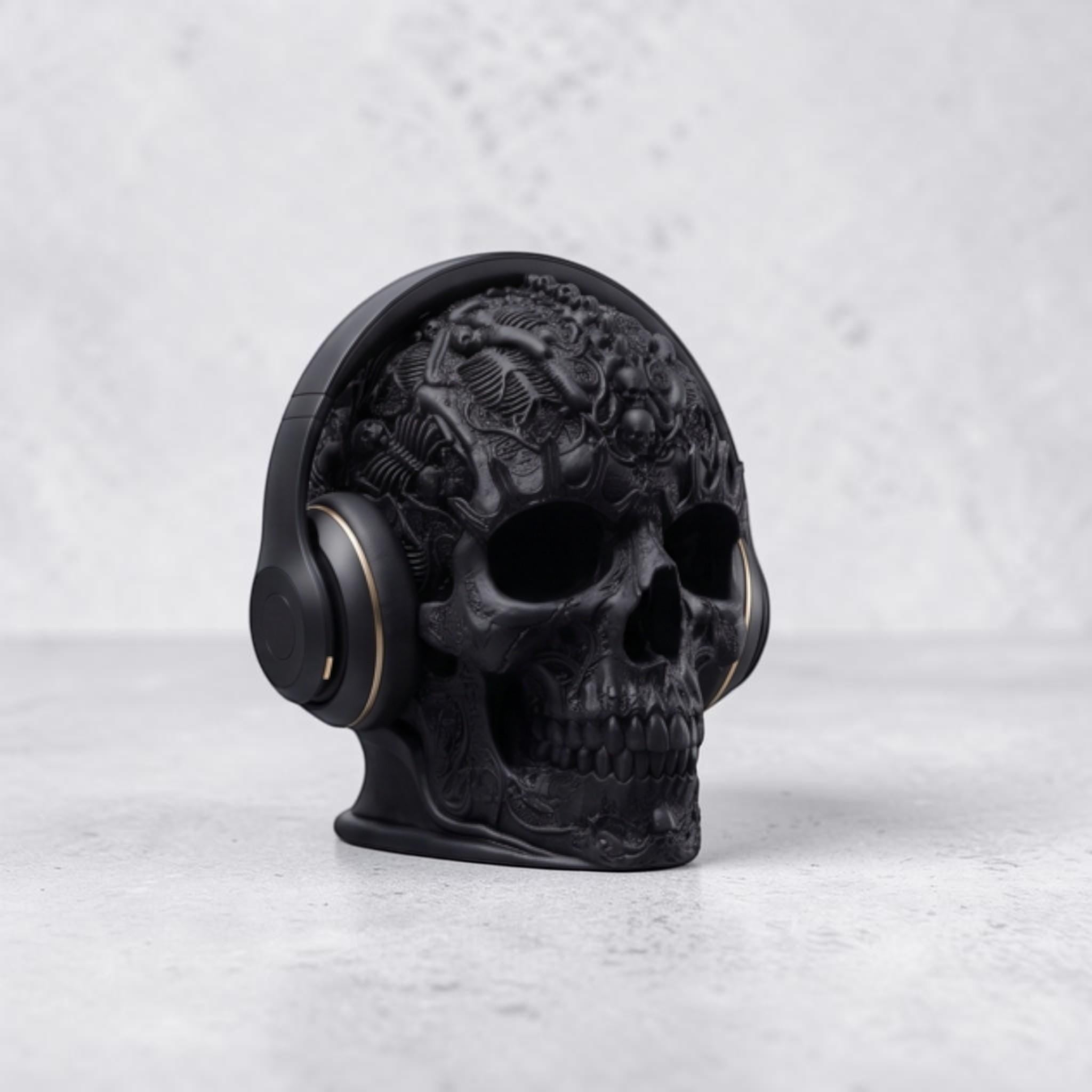 Gothic Skull Headphone Stand – Matte Black 3D Printed Gaming Decor