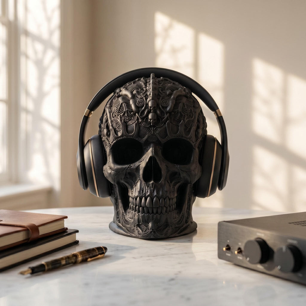 Gothic Skull Headphone Stand – Matte Black 3D Printed Gaming Decor