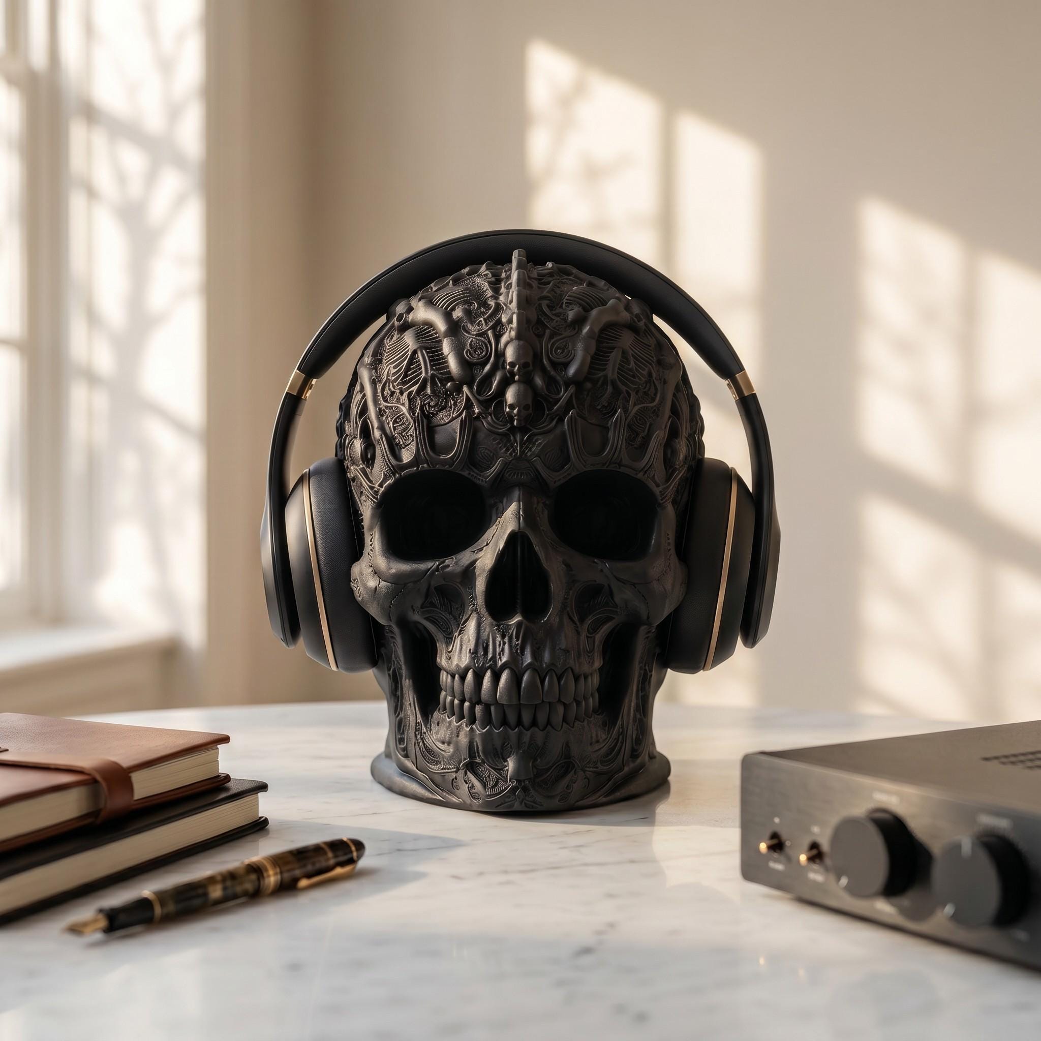 Gothic Skull Headphone Stand – Matte Black 3D Printed Gaming Decor