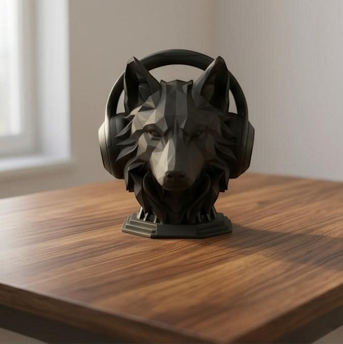 Geometric Wolf Headphone Stand – 3D Printed Gaming Desk Organizer