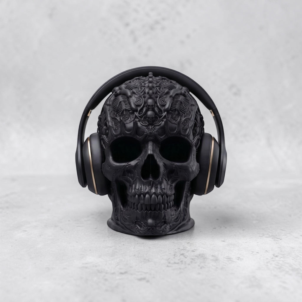 Gothic Skull Headphone Stand – Matte Black 3D Printed Gaming Decor