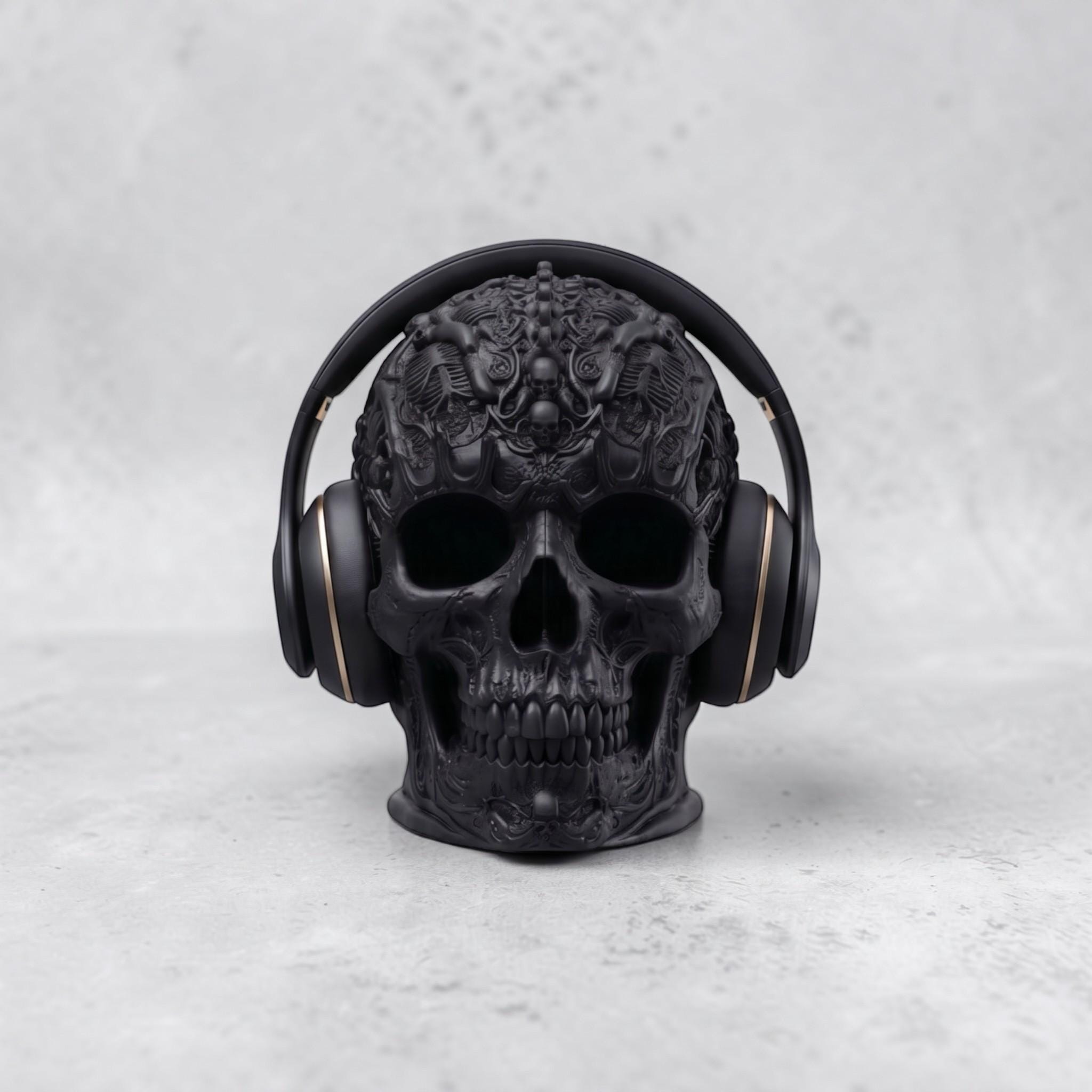 Gothic Skull Headphone Stand – Matte Black 3D Printed Gaming Decor
