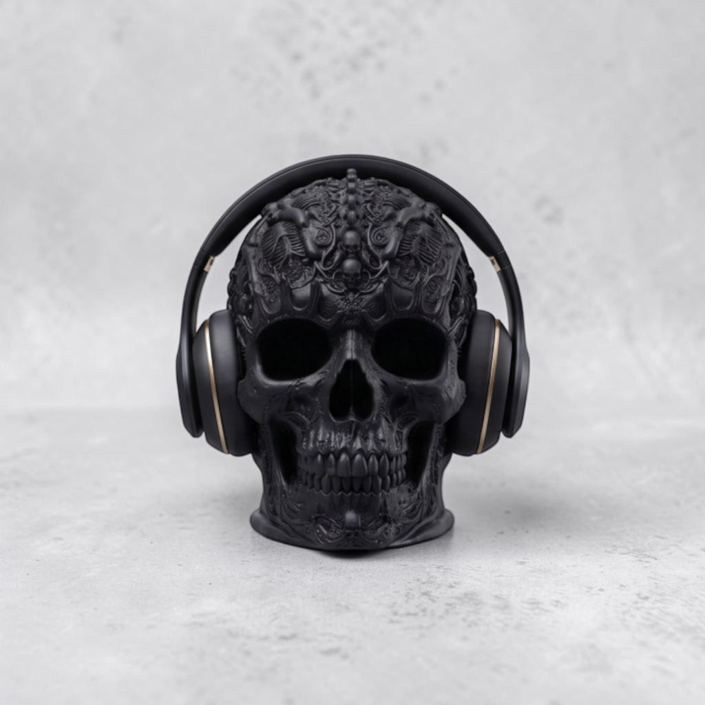 Gothic Skull Headphone Stand – Matte Black 3D Printed Gaming Decor