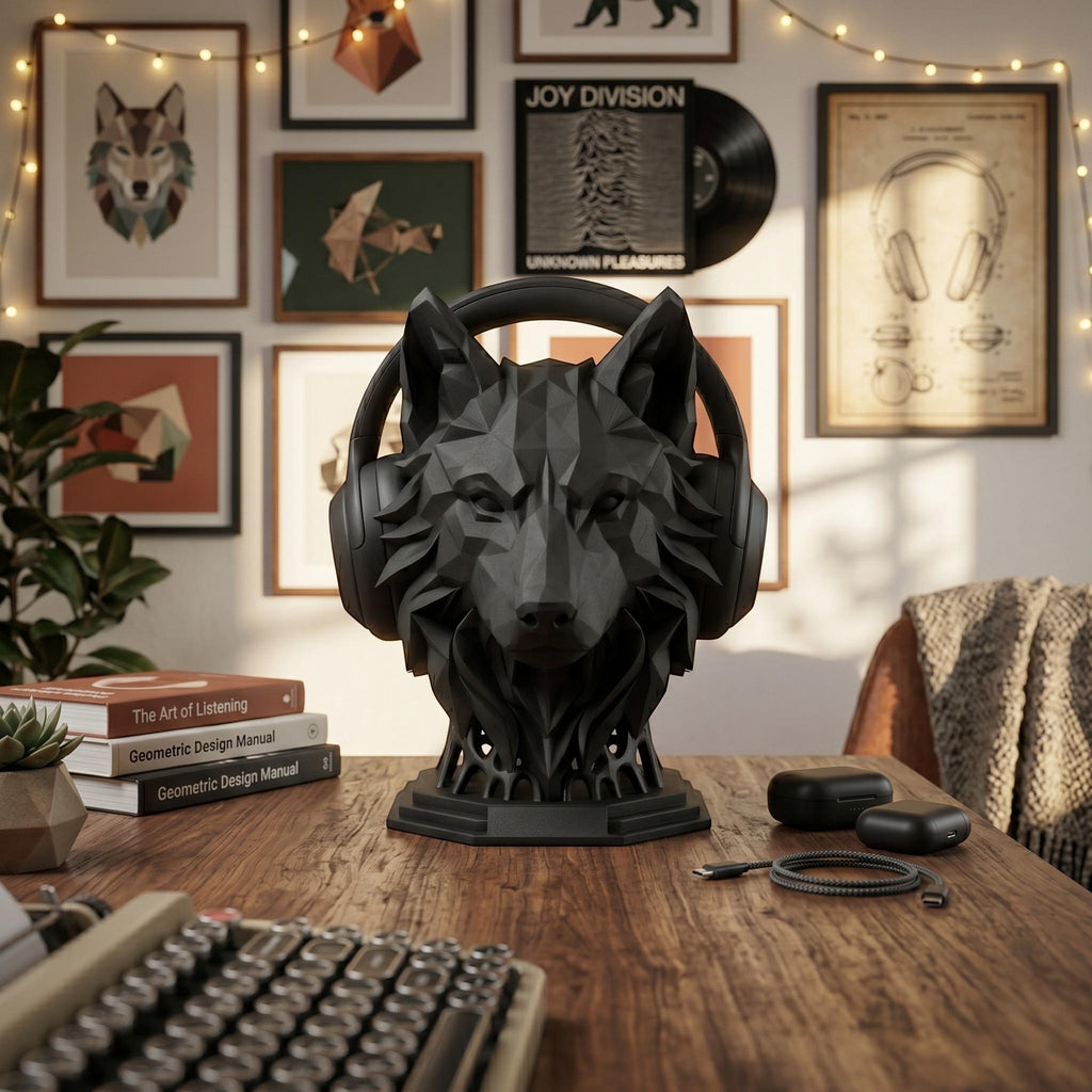 Geometric Wolf Headphone Stand – 3D Printed Gaming Desk Organizer