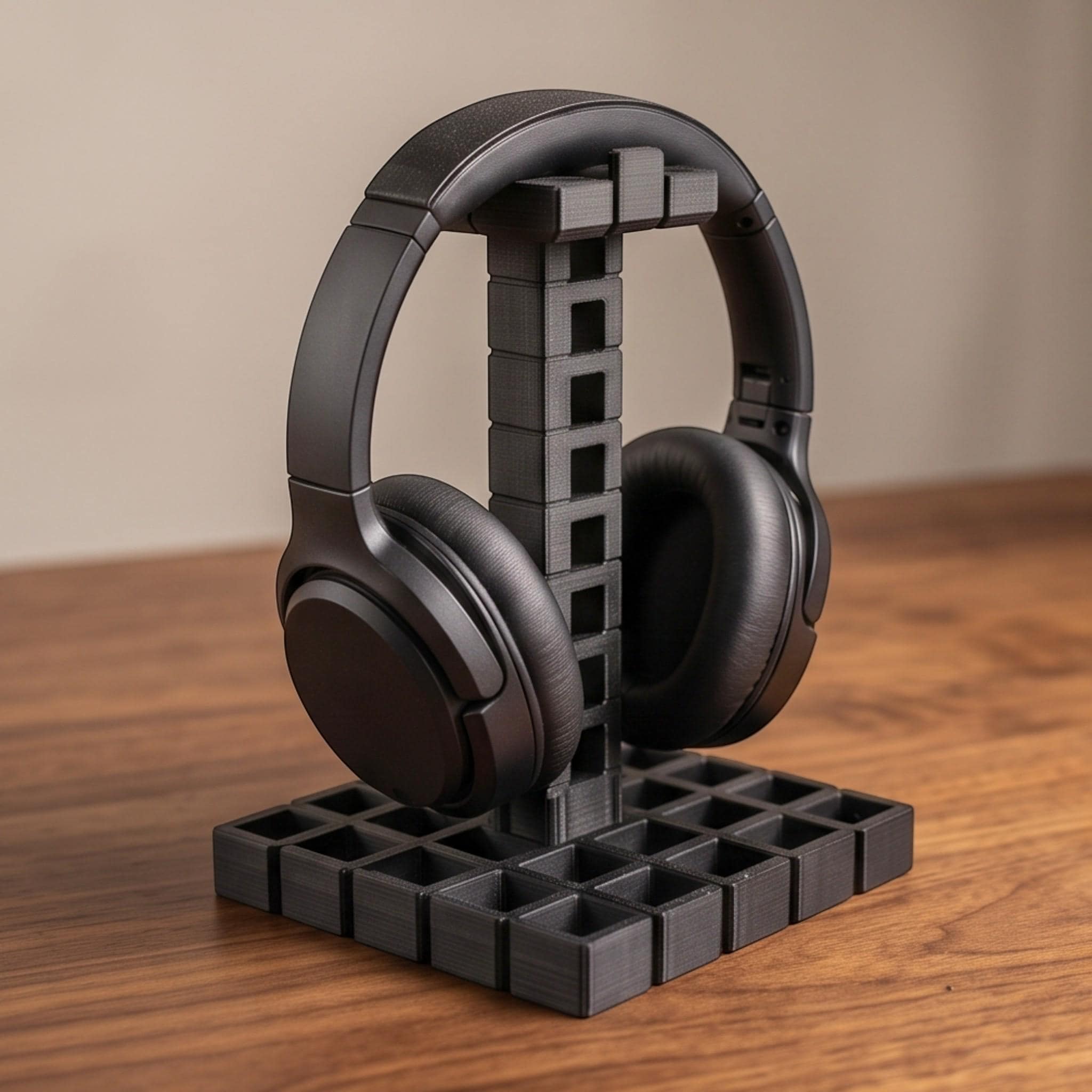 Industrial Grid Headphone Holder – 3D Printed Black Desk Organizer – 3D printed headphone stand detail 1