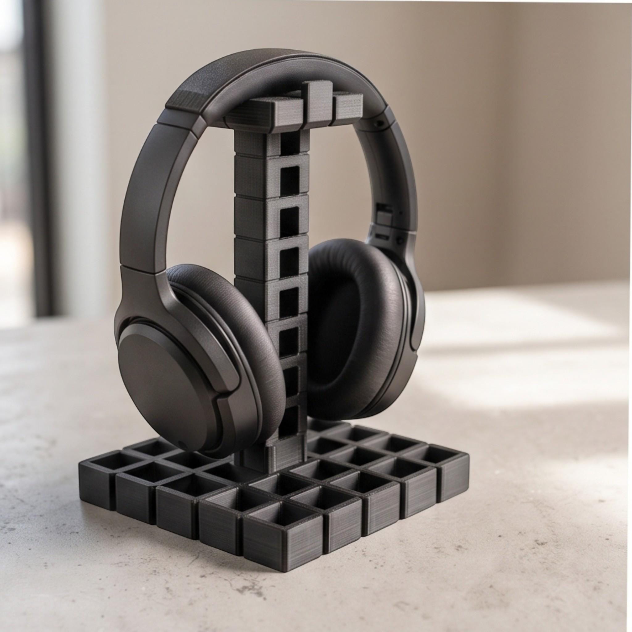 Industrial Grid Headphone Holder – 3D Printed Black Desk Organizer – 3D printed headphone stand detail 2
