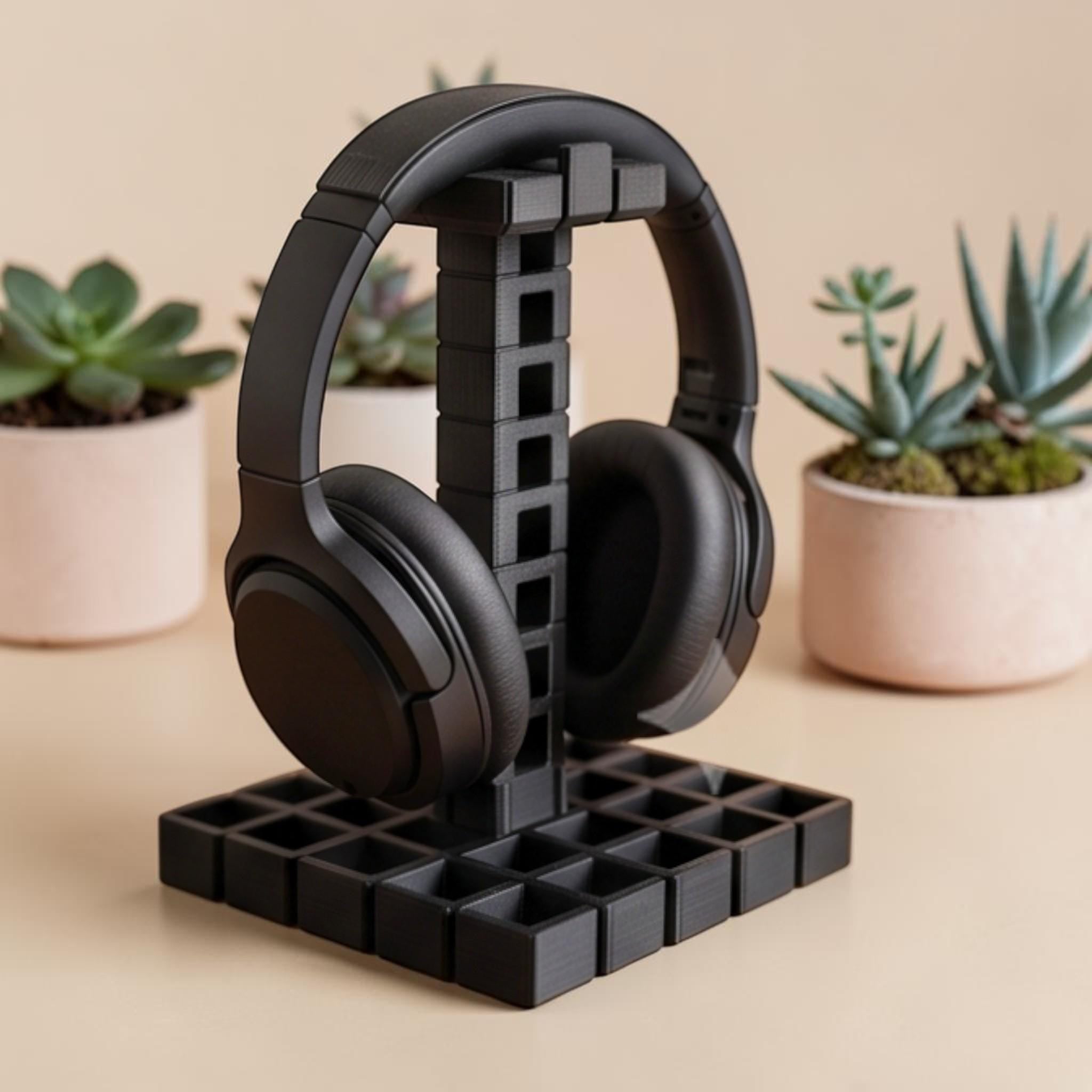 Industrial Grid Headphone Holder – 3D Printed Black Desk Organizer – 3D printed headphone stand detail 4