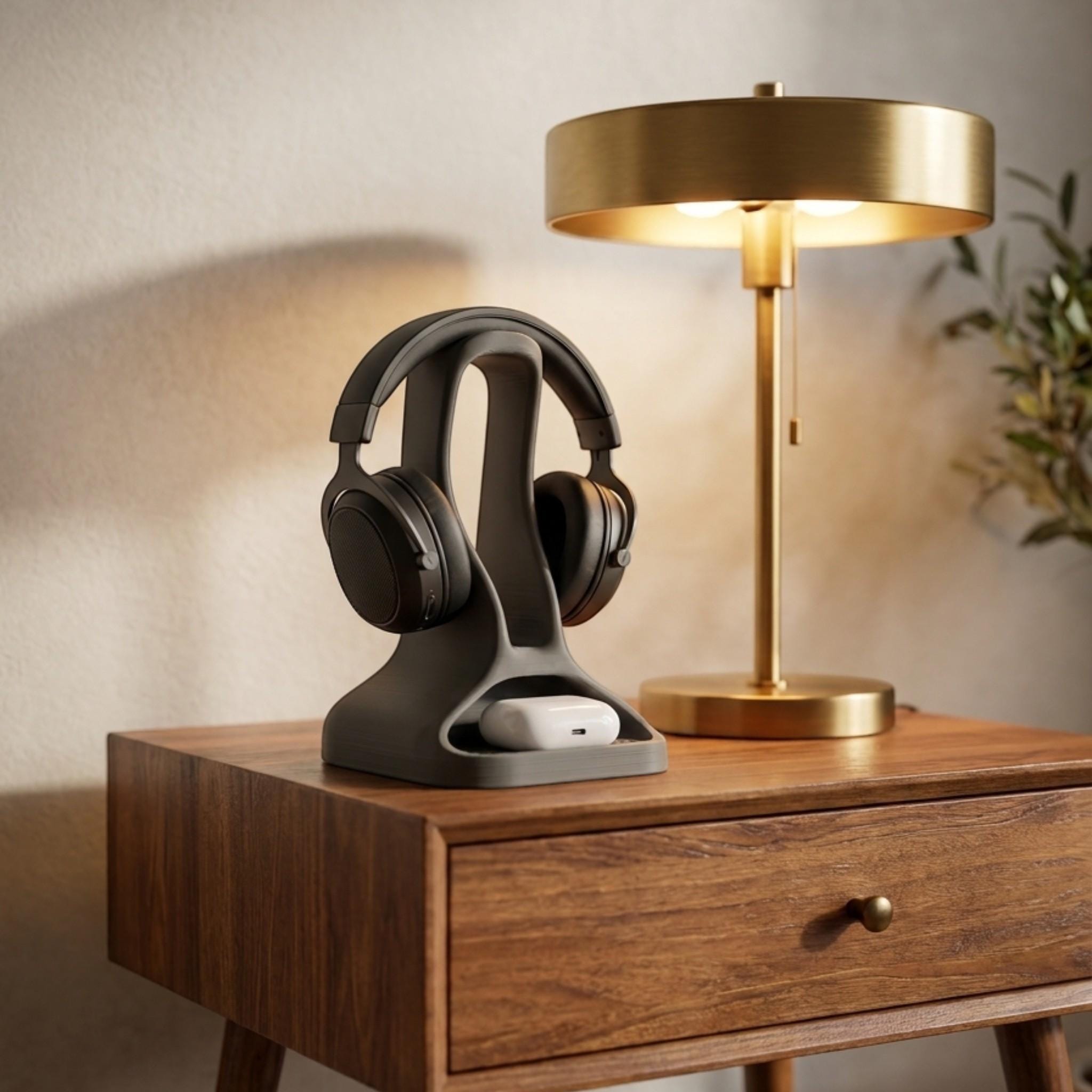 Headphone Stand with Earbud Tray – 3D Printed Minimalist Organizer – 3D printed headphone stand detail 4