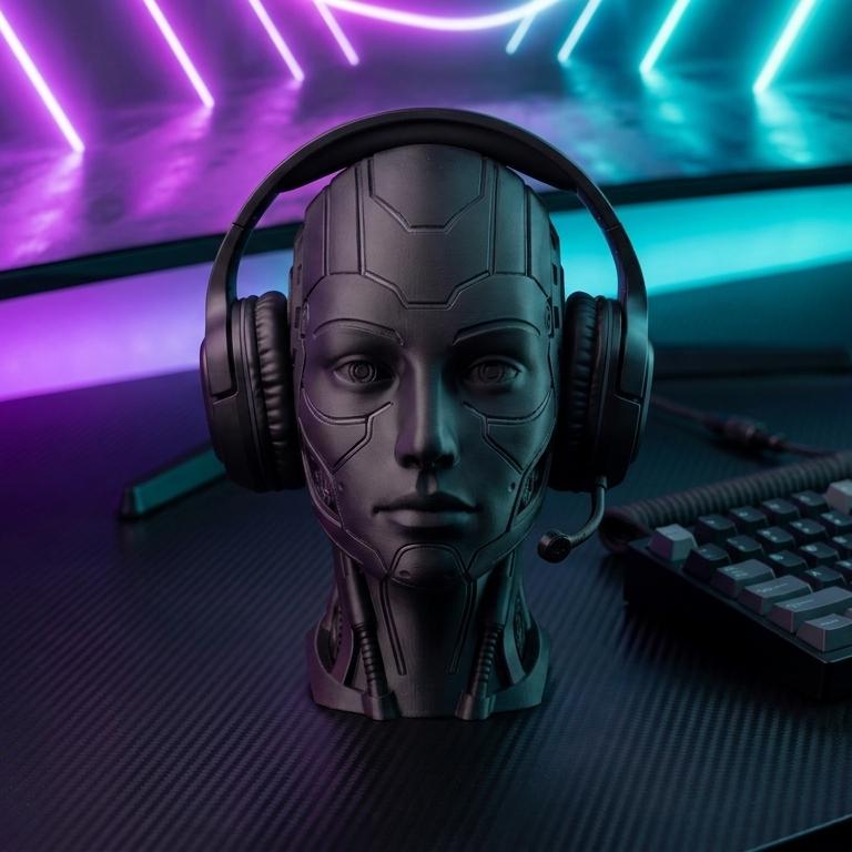 Futuristic Android Headset Holder – Cyberpunk 3D Printed Desk Decor – 3D printed headphone stand detail 4