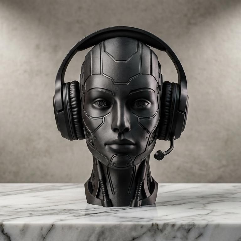 Futuristic Android Headset Holder – Cyberpunk 3D Printed Desk Decor – 3D printed headphone stand detail 8
